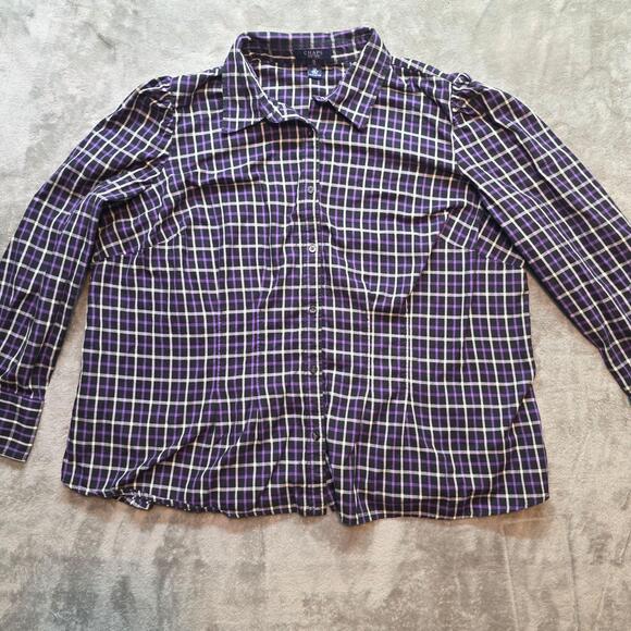 Chaps Tops - Chaps Button Up Shirt Womens 2X Black Purple Plaid Long Puff Sleeve Cotton